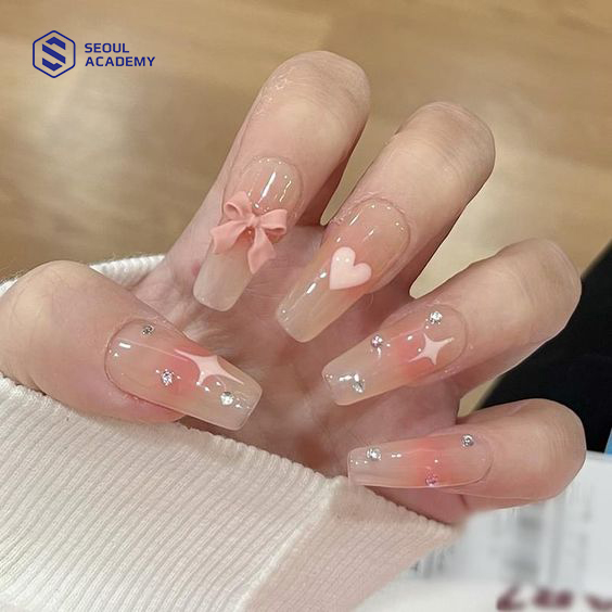 Mẫu nail nơ hồng dành cho cô nàng thơ mộng