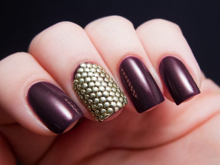 Plum nail designs with gold glitter