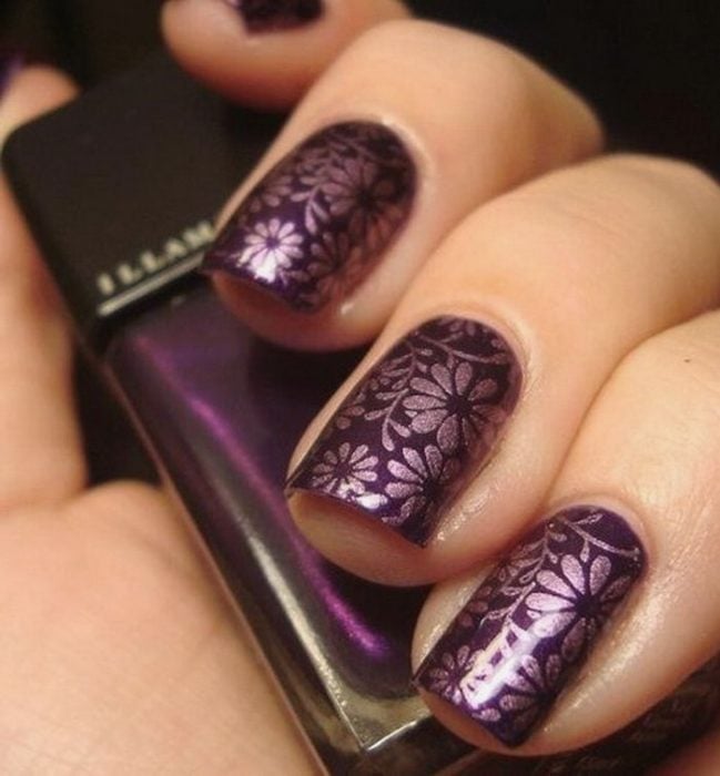Plum nail designs with lilac flowers