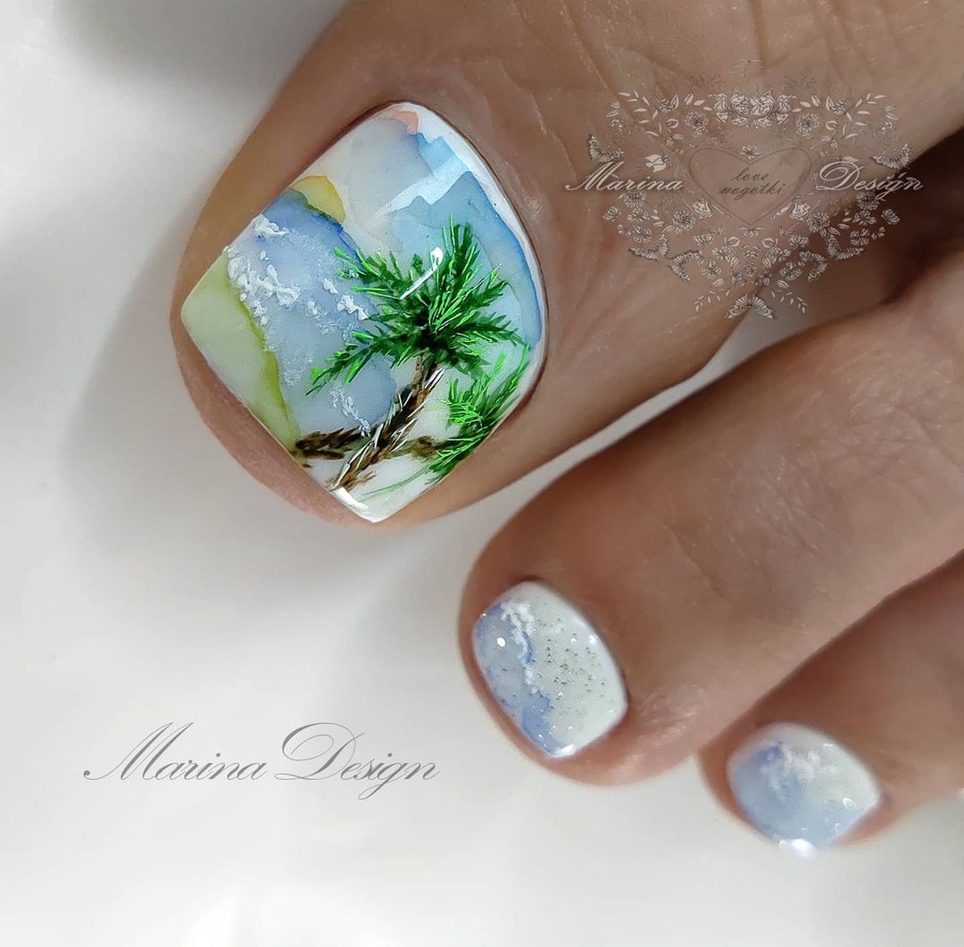 White Toe Nails with Sea and Palm Design on Big Nails