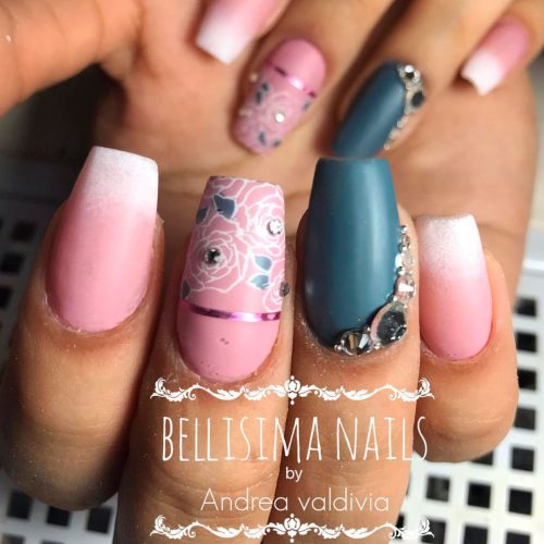 Gorgeous matte pink and grey coffin nails with some crystals