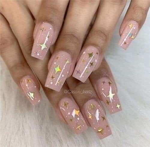 80 Short Square Star Nails Light Pink Enamel with Gold Stars