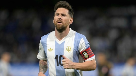 Argentina's forward #10 Lionel Messi gestures during the 2026 FIFA World Cup South American qualifiers football match between Argentina and Peru(AFP)